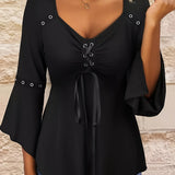 kkboxly  Tie Front V Neck T-Shirt, Casual 3/4 Sleeve Top For Spring & Fall, Women's Clothing