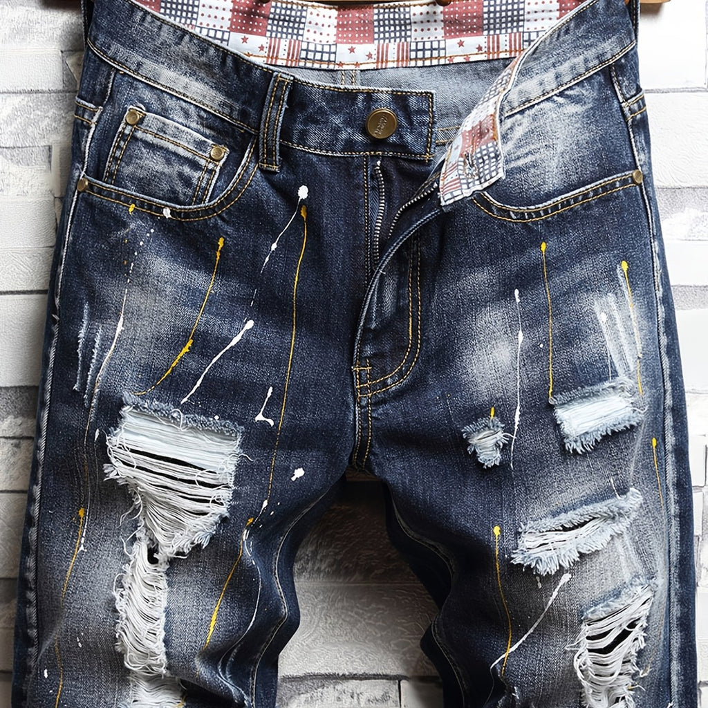 kkboxly  Men's Stylish Short Jeans, Casual Straight Distressed Fit Ripped Denim Shorts For Summer