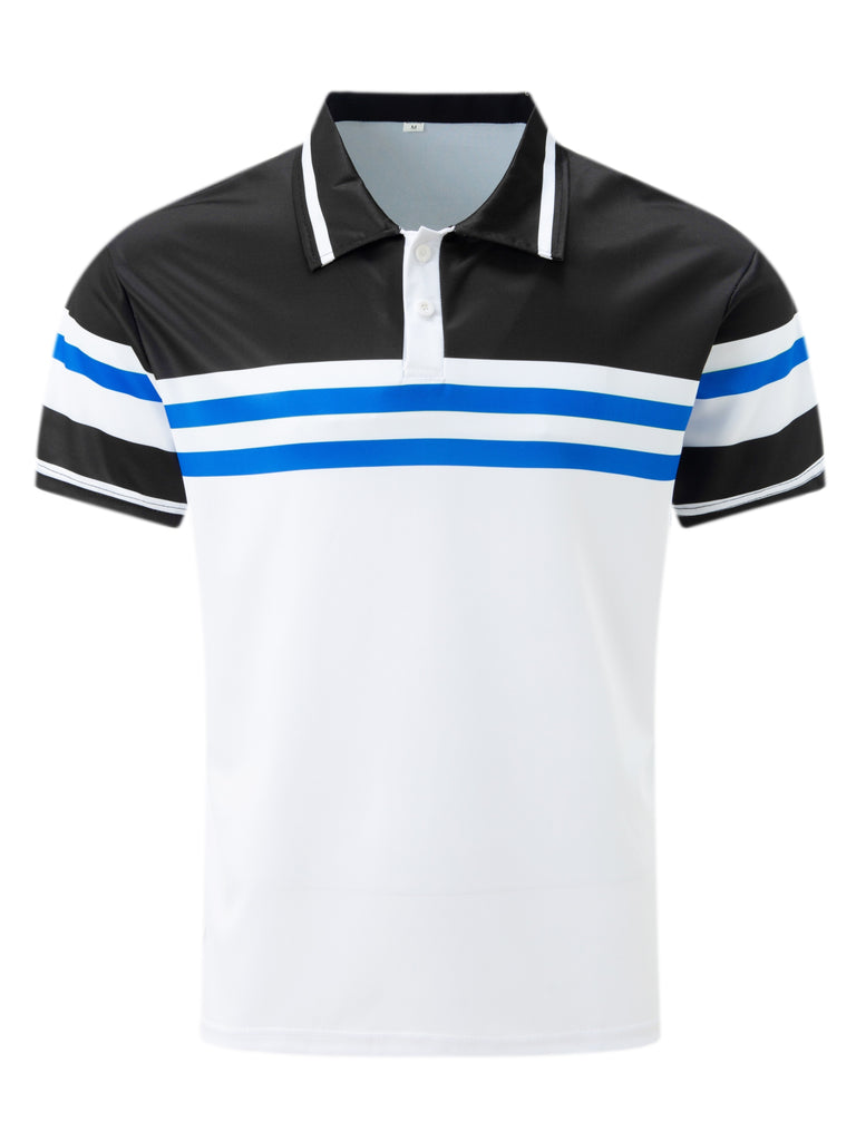 kkboxly  Horizontal Stripe Color Block Print Men's Casual Button Up Short Sleeve Polo Shirt, Men's Polo For Summer