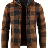 kkboxly  All Match Knitted Plaid Hooded Cardigan Jacket, Men's Casual Warm Slightly Stretch Zip Up Jacket Coat For Fall Winter