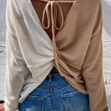 kkboxly Color Block Twist Back Top, Versatile V-neck Top For Spring & Fall, Women's Clothing