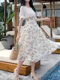 kkboxly  Floral Print Ruffle Trim Dress, Elegant Shirred High Waist Short Sleeve Dress, Women's Clothing