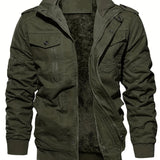 kkboxly  Warm Plush Fleece Cotton Jacket, Men's Casual Zipper Pockets Stand Collar Jacket Coat For Fall Winter