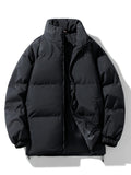 kkboxly Men's Stylish Solid Puffer Coat With Pockets, Casual Breathable Stand Collar Zip Up Long Sleeve Warm Top For City Walk Street Hanging Winter Outdoor Activities