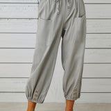 kkboxly  Plus Size Casual Pants, Women's Plus Solid Bow Knot Elastic Button Decor Pants With Pockets