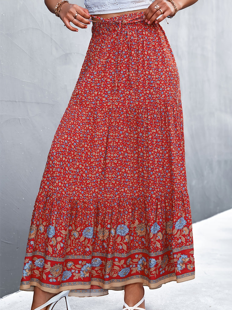 kkboxly  Boho Ditsy Floral Print High Waist Skirt, Boho Pleated Drawstring A Line Skirt, Women's Clothing
