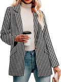 kkboxly  Houndstooth Print Single Breasted Blazer, Elegant Lapel Pockets Blazer For Office & Work, Women's Clothing
