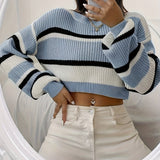 kkboxly  Color Block Striped Knit Sweater, Casual Crew Neck Long Sleeve Sweater, Women's Clothing