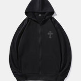 kkboxly  Cross Print Men's Full-Zip Hooded Sweatshirt Casual Long Sleeve Hoodies With Pocket Gym Sports Hooded Jacket For Spring Fall, As Gift