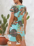 xieyinshe  Plant Print Drawstring Dress, Vacation V Neck Short Sleeve Dress, Women's Clothing