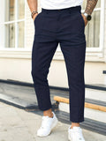 Men's Work Pockets Button Fly Pleated Line Slim Fit Trousers