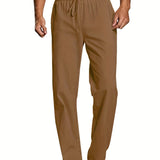 kkboxly  Men's Plain Drawstring Cotton Pants, Casual Loose Waistband Long Pants For Yoga Beach Pants, Mens Clothing