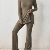 kkboxly  Solid Textured Two-piece Set, Long Sleeve Slit Long Length Top & Skinny Pants Outfits, Women's Clothing