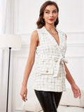 kkboxly  Windowpane Print Vest Blazer, Casual Lapel Sleeveless Outerwear, Women's Clothing