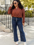 kkboxly  Plus Size Casual Jeans, Women's Plus Solid Button Fly Medium Stretch Flared Leg Jeans