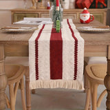 1pc Rustic Linen-Cotton Blend Table Runner with Tassels - Handwoven Design Striped Polyester Rectangle for Christmas & Everyday Gatherings