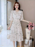 kkboxly  Plants Print Bow Tie Dress, Elegant Short Sleeve Pleated Dress, Women's Clothing