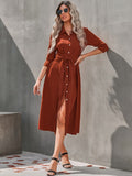 kkboxly  Elegant Belt Slit Dress, Long Sleeve Solid V-neck Single Breasted Fashion Waist Fall & Winter Dresses, Women's Clothing