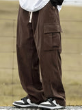 kkboxly Men's Stylish Vintage Style Loose Solid Cargo Pants With Pockets, Causal Breathable Straight Leg Drawstring Men's Bottom Clothing For City Walk Street Hanging Outdoor Activities