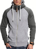 kkboxly  Trendy Color Block Men's Hooded Jacket Casual Long Sleeve Hoodies With Zipper Gym Sports Hooded Coat For Winter Fall