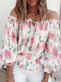 kkboxly  Off Shoulder Floral Print Blouse, Casual Ruffle Trim Blouse, Women's Clothing