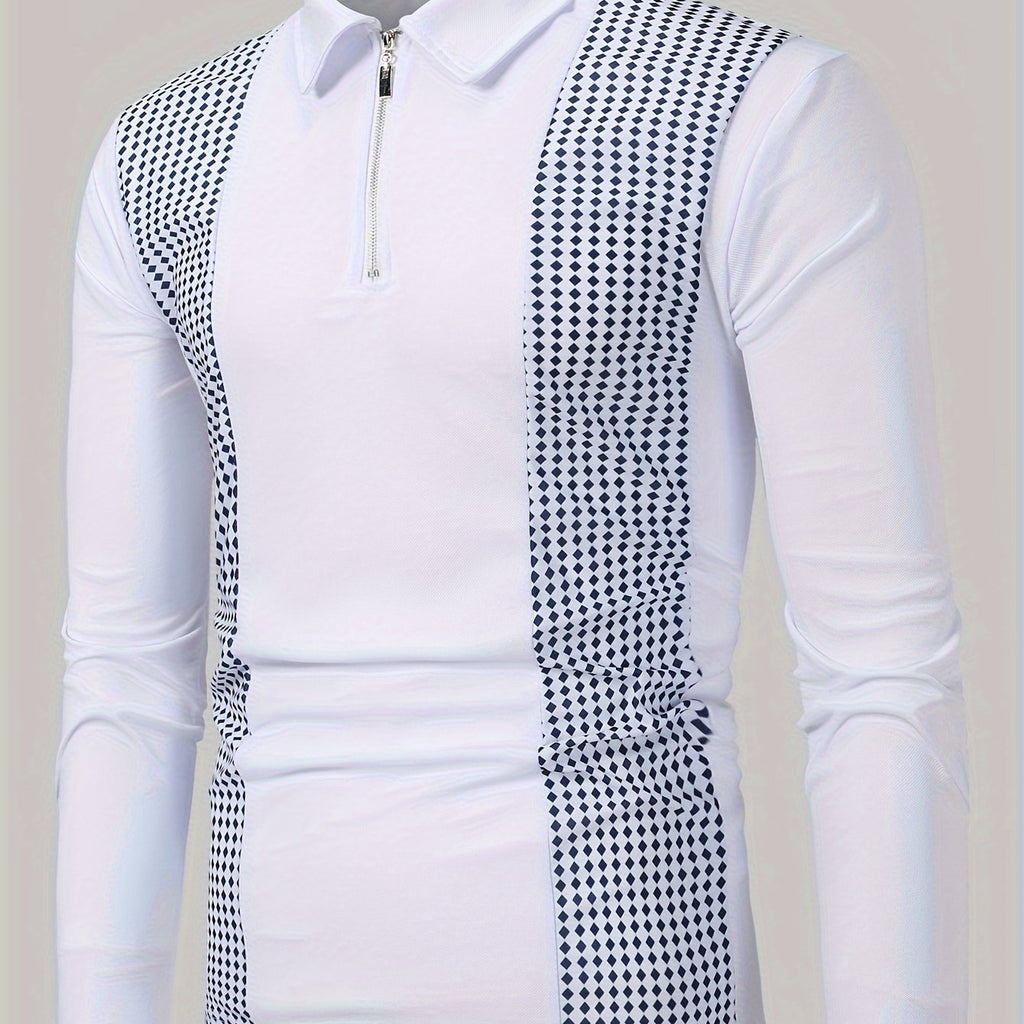 kkboxly Polka Dot Print Men's Color Block Casual Long Sleeve Lapel Shirt, Spring Fall
