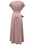 kkboxly  Solid Short Sleeve Dress, Casual Crew Neck High Waist Simple Maxi Dress, Women's Clothing