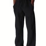 kkboxly Loose Fit Cotton Fabric Trousers, Men's Casual Solid Color Wide Leg Baggy Pants For Spring Summer Fitness Yoga