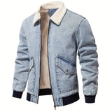 kkboxly  Warm Fleece Denim Jacket, Men's Casual Flap Pocket Jacket Coat With Fur Collar For Fall Winter