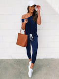 kkboxly  Solid Slanted Shoulder Jumpsuit, Casual Short Sleeve Drawstring Long Length Jumpsuit, Women's Clothing