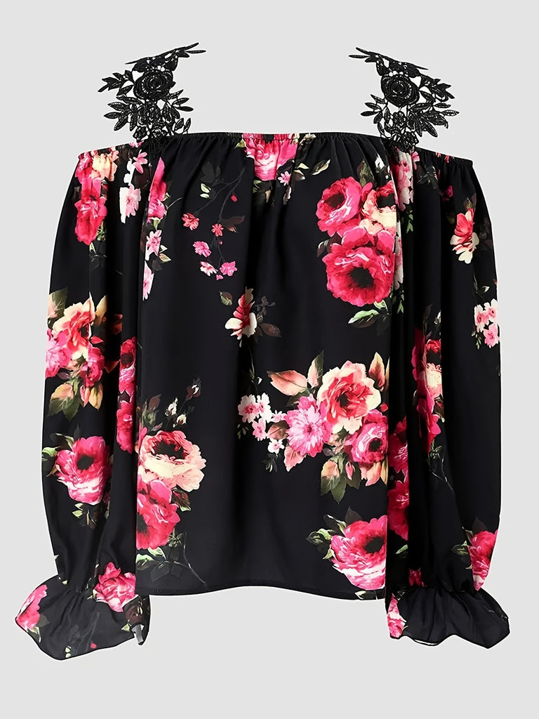 kkboxly   Lace Trim Floral Print Blouse, Casual Pleated Lantern Sleeve Off Shoulder Blouse, Women's Clothing