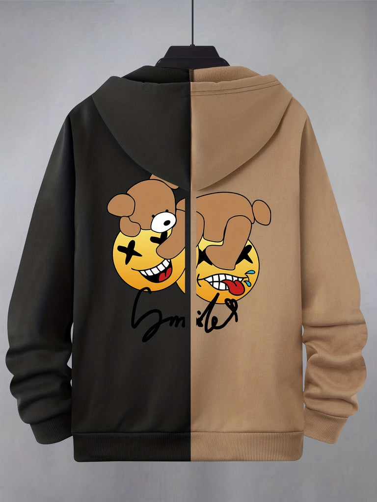 kkboxly  Contrast Color Matching Design Men's Hooded Jacket Cartoon Pattern Casual Long Sleeve Hoodies With Zipper Gym Sports Hooded Coat For Spring Fall