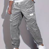 kkboxly  Men's Stylish Solid Corduroy Cargo Joggers With Pockets, Causal Breathable Drawstring Men's Bottom Clothing For City Walk Street Hanging Outdoor Activities