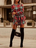 kkboxly Plaid Pattern Layered Dress, Vintage Crew Neck Long Sleeve Dress, Women's Clothing