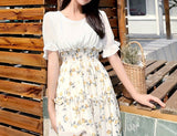 kkboxly  Floral Print Ruffle Trim Dress, Elegant Shirred High Waist Short Sleeve Dress, Women's Clothing