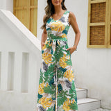 kkboxly  Boho Tropical Print Wide Leg Jumpsuit, Boho V-neck Sleeveless Tank Jumpsuit, Women's Clothing