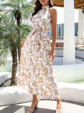 kkboxly  Floral Print Halter Neck Dress, Casual Sleeveless Maxi Dress, Women's Clothing