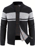 kkboxly  Warm Color Block Fleece Jacket, Men's Casual Comfortable Baseball Collar Zip Up Knitted Cardigan For Fall Winter, Men's Tops