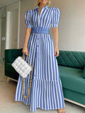 kkboxly  Elegant Striped Lace Up Long Dress, Short Sleeve V-neck Swing Belt Summer Long Dresses, Women's Clothing