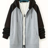 Plus Size Men's Full Zip Hoodies, Color Block Long Sleeve Drawstring Jacket Best Sellers