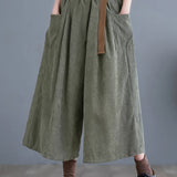 Solid Cropped Wide Leg Pants, Casual Corduroy Pants With Pocket, Women's Clothing