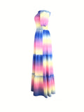 kkboxly  Gradient Print Tiered Dress, Casual Off Shoulder Shirred Party Dress, Women's Clothing
