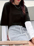 kkboxly  Drop Shoulder Color Block 2 In 1 T-shirt, Casual Crew Neck Long Sleeve T-shirt, Women's Clothing