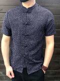 kkboxly  Plus Size Men's Chinese Style Men Shirt Stand Collar Short Sleeve Button Casual Loose Tops Solid Color Vintage Tang Suit Shirts