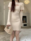 kkboxly  Cut Out Bodycon Knit Dress, Chic Crew Neck Short Sleeve Mini Dress With Arm Sleeve, Women's Clothing