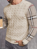 kkboxly  Crew Neck Knitted Sweater, Men's Casual Warm Color Block Plaid Sleeves Slightly Stretch Pullover Sweater For Fall Winter