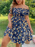 kkboxly  Plus Size Casual Dress, Women's Plus Floral Print Shirred Lettuce Trim Off Shoulder Smock Dress