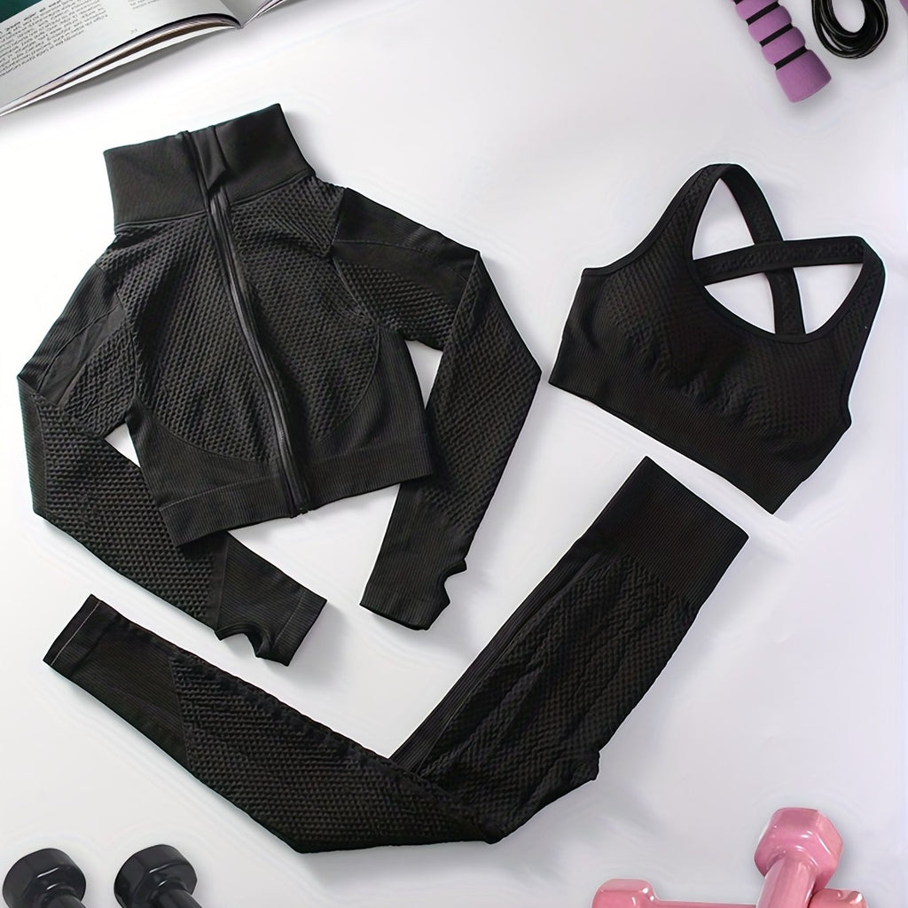 kkboxly  Look & Feel Fabulous in This 3PC Women's Yoga Set: Seamless Workout Gym Clothing with Long Sleeve Crop Top & High Waist Leggings!