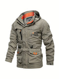kkboxly  Casual Multi-pocket Light Weight Drawstring Waist Zip Up Hooded Jacket Coat, Men's Cotton Jacket For Fall Outdoor