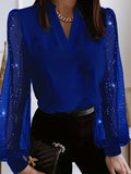 Plus Size Elegant Top, Women's Plus Solid Contrast Mesh Long Sleeve Notched Neck Medium Stretch Top